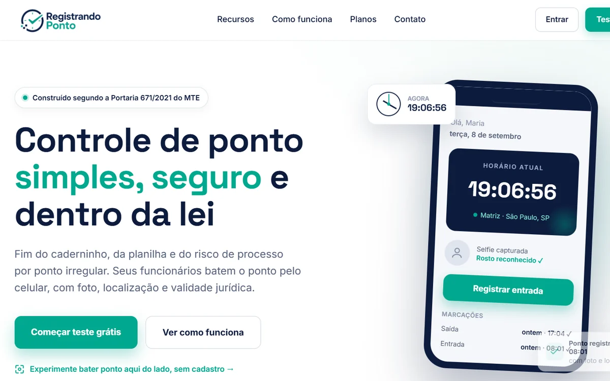 Registrando Ponto — plataforma de controle de ponto digital conforme a Portaria 671/2021
